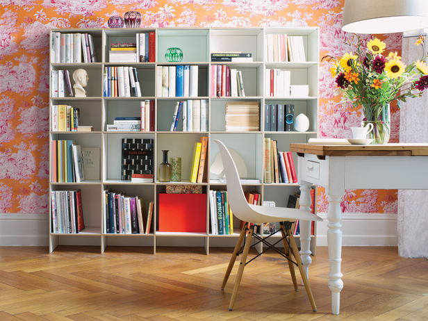 Modulares Bücherregal aus Birkenholz in weiss